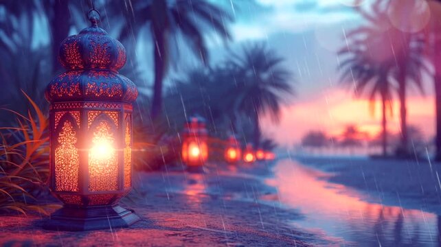 Lantern on riverside ramadan mubarak in rain season