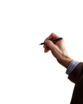 Close-up image of human hand drawing with stylus isolated on transparent background.