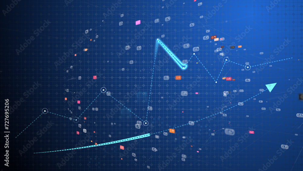 Fototapete Digital graphs and charts moving on blue background with digital chaos. Computer graphics on a trendy background