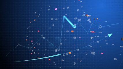 Digital graphs and charts moving on blue background with digital chaos. Computer graphics on a trendy background
