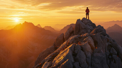 A male climber at the peak with the sparkling light of the rising sun