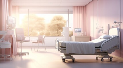 Very bright a Hospital Room With a Bed, Chairs, and Desks. pink.  world anti-cancer day