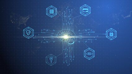 Cg collage symbol of human brain inside artificial intelligence chip with light dot in center. Around there are icons with symbols of information storage and protection