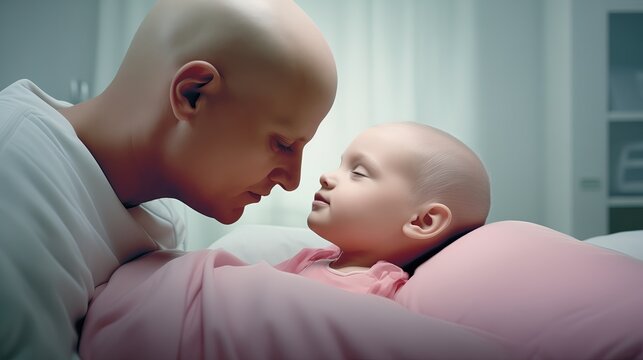 A bald man after chemotherapy leans over a hairless baby and greets him during his stay in the hospital.