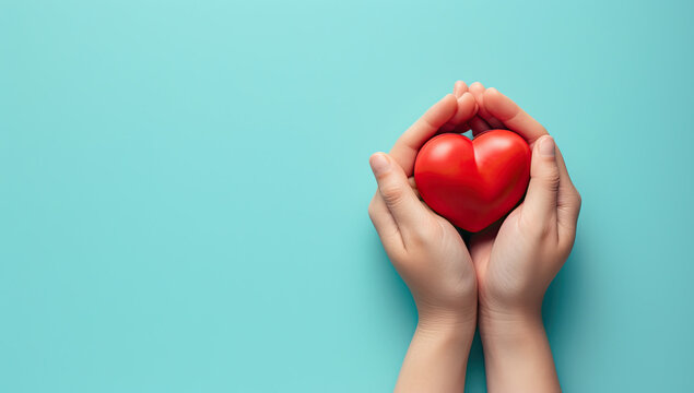 Hands clasping a red heart against a backdrop of blue