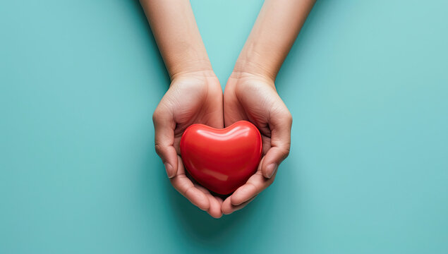 Hands clasping a red heart against a backdrop of blue