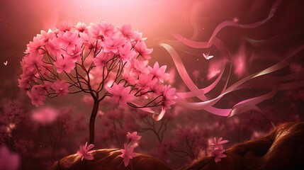 Wallpaper of a faded pink tree with a ribbon in the background, showing victory over cancer.  world day.