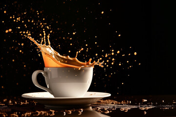 splashing coffee. Coffee with splash of black coffee form White Cup. cup of splashing coffee isolated on black.