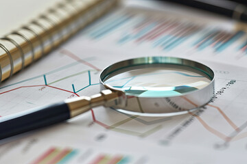 Magnifying glass on statistics concept. Analyzing Financial Strategies: Business Audit, Stock Management, Data Analysis, and Profit Research with Graphs
