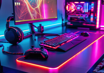 Computer for gaming Gaming equipment, black table, colorful neon lights, gaming space - obrazy, fototapety, plakaty