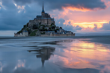 The Archangel Saint Michael encourages Bishop Aubert to build a monastery on the rocky Mont Saint-Michel. The vision shows the image of the future monastery.