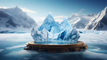 Podium glacier cool ice background stage landscape icy stand 3d water nature pedestal arctic concept cave. - obrazy, fototapety, plakaty