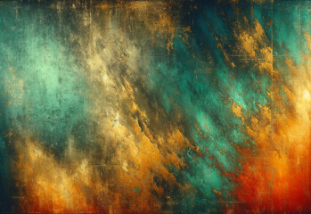textured abstract background with a gradient of colors ranging from deep teal at the bottom to golden yellow at the top.  - obrazy, fototapety, plakaty