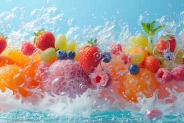 Fresh Assorted Fruits Splashing in Water Against a Blue Background