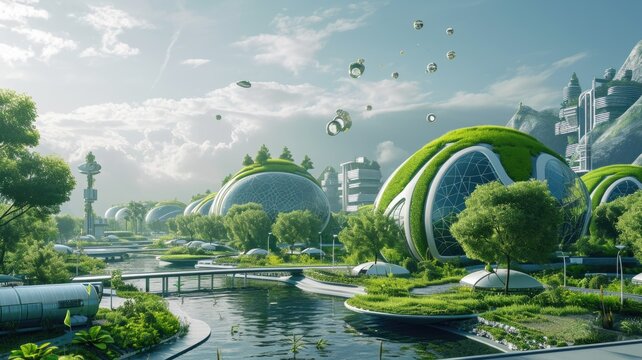 futuristic landscape featuring eco-friendly innovations, advanced technologies promoting environmental harmony and a sustainable future
