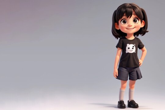 Little girl, smiling, looking at the camera, black t-shirt, on an isolated white background. Empty space. anime