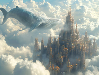 A giant whale flying through the sky. The whale is large and blue, and the city has tall buildings with golden accents. The sky is golden and there are white clouds.