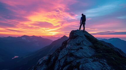 A male climber on a mountain peak at dawn that paints the sky with spectacular colors
