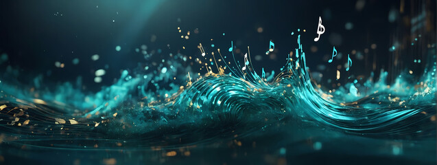 Dynamic audio elements illustrated by ocean teal particles, showcasing the evolving dynamics of music. - obrazy, fototapety, plakaty
