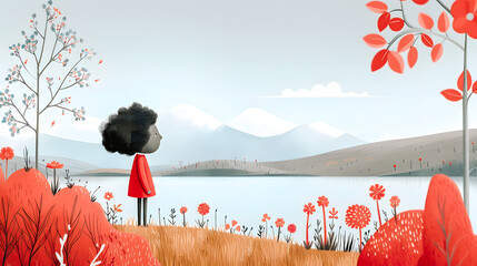 Fille regardant la 'eau et les montagne avec des fleurs rouges à ses pieds