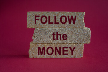 Follow the money symbol. Concept red words Follow the money on beautiful brick blocks. Beautiful red background. Business and follow the money concept.