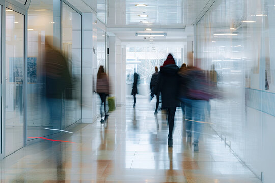A prolonged exposure photograph capturing the swift movement of a crowd of business people walking in a well-lit office lobby, resulting in a dynamic and blurry effect