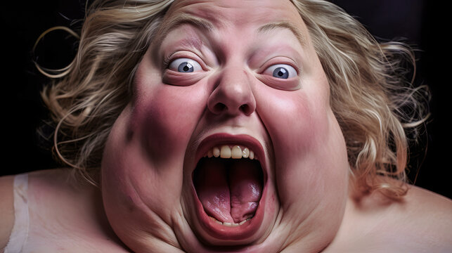 Grosse femme laide hurlant avec les yeux exorbit&eacute;s