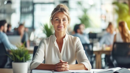 portrait of a professional woman sitting at a desk in a modern office with a friendly and confident expression.