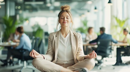 businesswoman practicing meditation in a busy office, sitting in lotus posture with her eyes closed and an expression of calmness on her face.