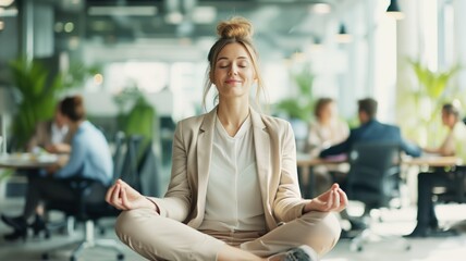 businesswoman practicing meditation in a busy office, sitting in lotus posture with her eyes closed and an expression of calmness on her face. - Powered by Adobe