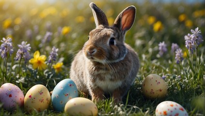 Adorable Bunny With Easter Eggs In Flowery Meadow