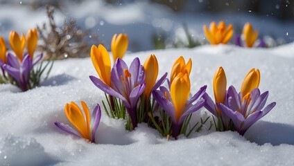 Beautiful spring flowers emerge from under the snow A symbol of new beginnings and rebirth Crocus flowers bring color and life to a winter landscape