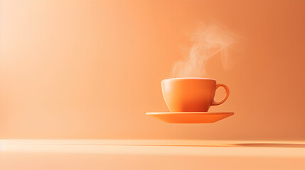 A cup of coffee with a saucer and steam hovers in the air in peach tones.