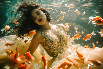 Femme en robe de soirée sous l'eau avec des poissons rouge, surréalisme