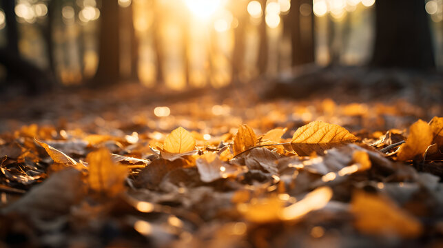 Fall leaves are falling onto a ground, in the style of bokeh panorama, orange, detailed landscapes, a leaf laying on the ground in the woods