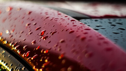 Macro de gouttes de pluie, sur la carrosserie d'une voiture rouge