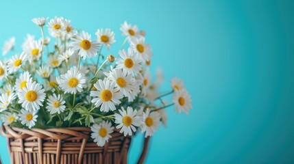 Blue Background With Flowers In Wooden Basket	
