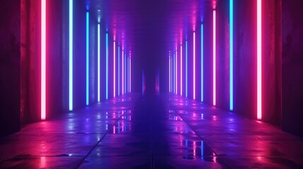 Abstract Empty Hallway Background With Neon Lights