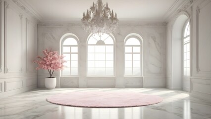 modern interior design. 3D rendering of an empty marble room with carpet, window, chandelier and potted flower. Front view.