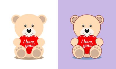 teddy bear holding a heart that says i love you isolated on white and pink background. Vector illustration.