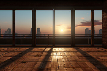 Spacious room with wooden floors, large windows showcasing a sunset cityscape. Concept: real estate, spacious living, yoga studio. Copy space.