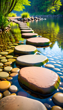 Stepping Stones. Pathway. Garden. Walkway. Natural. Outdoor. Landscape. Tranquil. Scenic. Decorative. Stone Path. Garden Design. Crossing. Footpath. Direction. Balance. Zen. AI Generated.