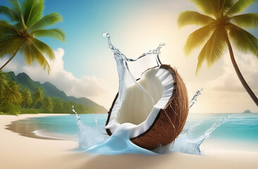 splash of milk coliding with coconut water in a tropical coconut beach island - obrazy, fototapety, plakaty