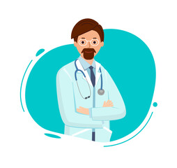 Fototapeta premium Doctor with glasses On neck of a stethoscope. Doctor is man in green bubble on white background. Vector illustration medic in flat style.