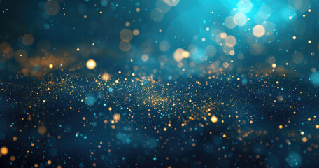 An abstract backdrop featuring dark blue and gold particles, with golden light emitting bokeh on a navy blue background. gold foil texture