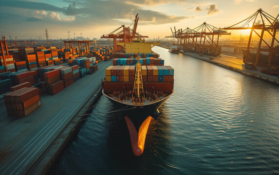 Container ship approaching an international port, picture with copyspace