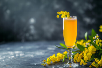 Classic alcohol cocktail mimosa with orange juice and cold dry champagne or sparkling wine in glasses, blue stone background with yellow flowers, copy space, spring mood, selective focus - obrazy, fototapety, plakaty