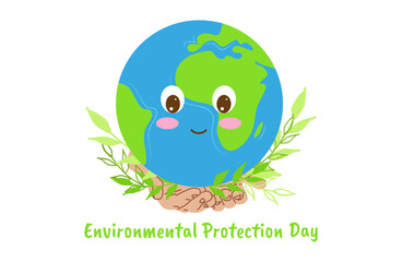 Environmental Protection Day Save the Planet Earth. Cute smiling character in hands. Banner design. Vector illustration.