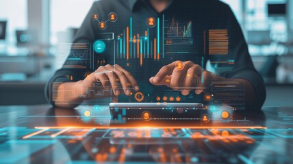 hand showing a graphic hologram in business