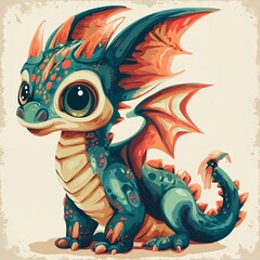 Illustration of a cute little dragon with red eyes and wings.